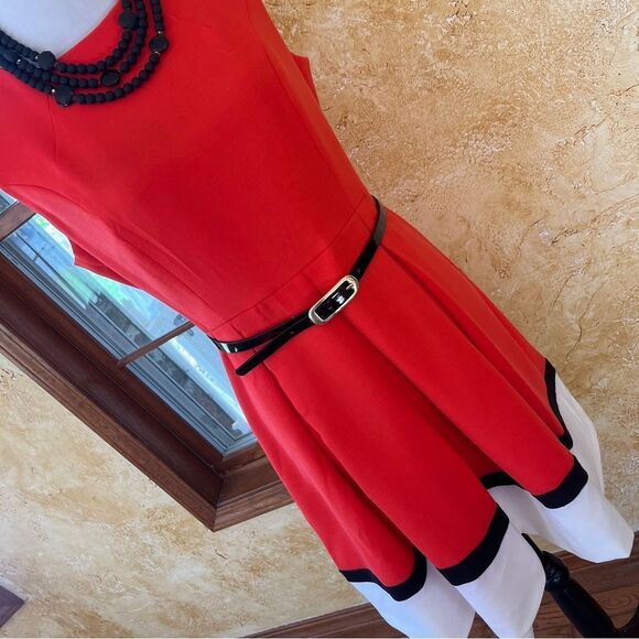 Liz Claiborne Dresses & Skirts - Liz Claiborne Color Block Orange, White Black Sleeveless Belted Dress Size 14P
